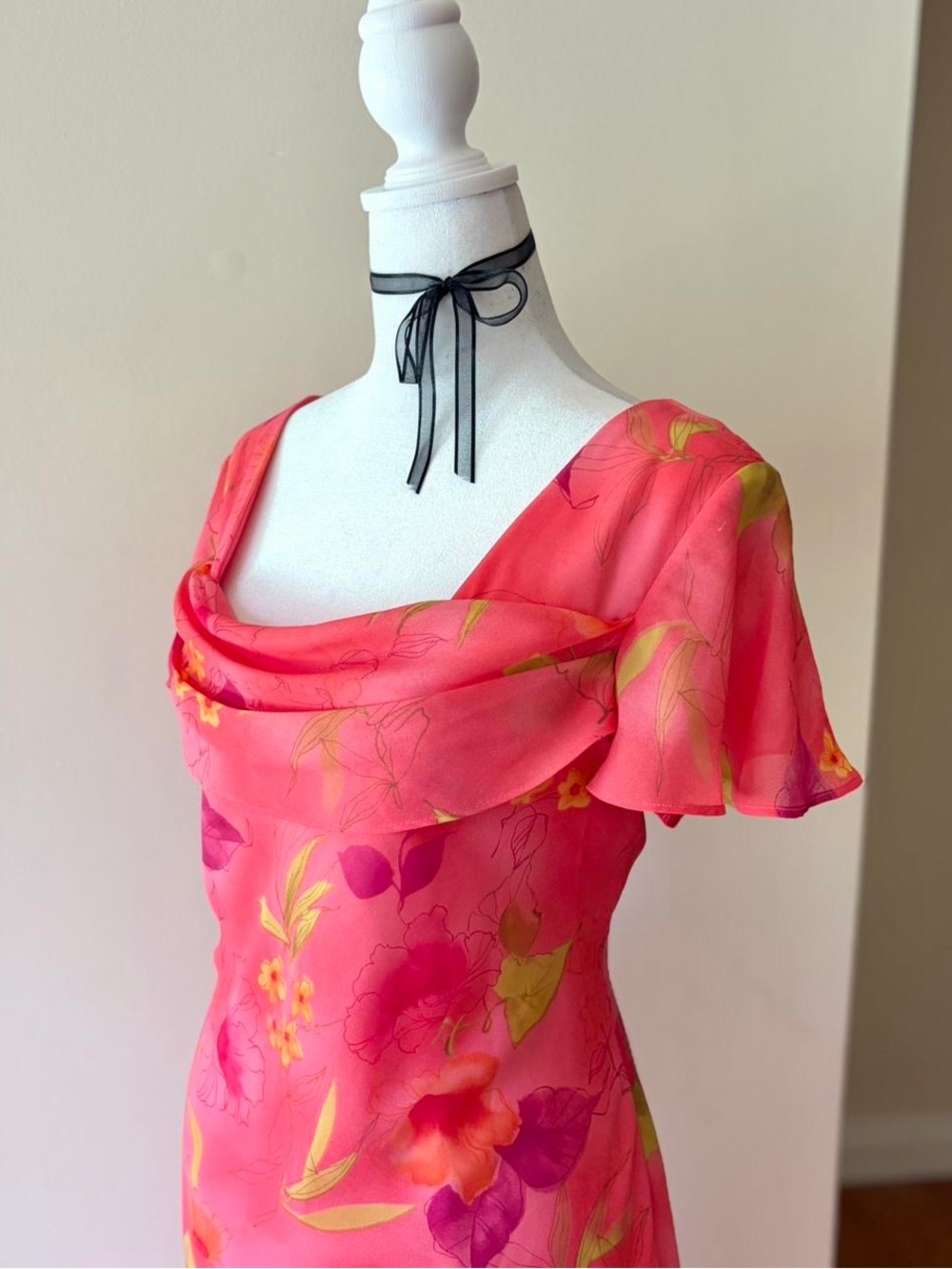 Vintage pink floral midi dress coquette fairy chiffon overlay 90s Y2K summer M - Picture 4 of 11